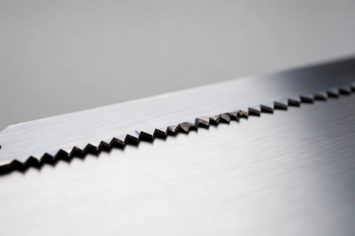 Close-up of a hacksaw blade with visible teeth on a neutral backdrop