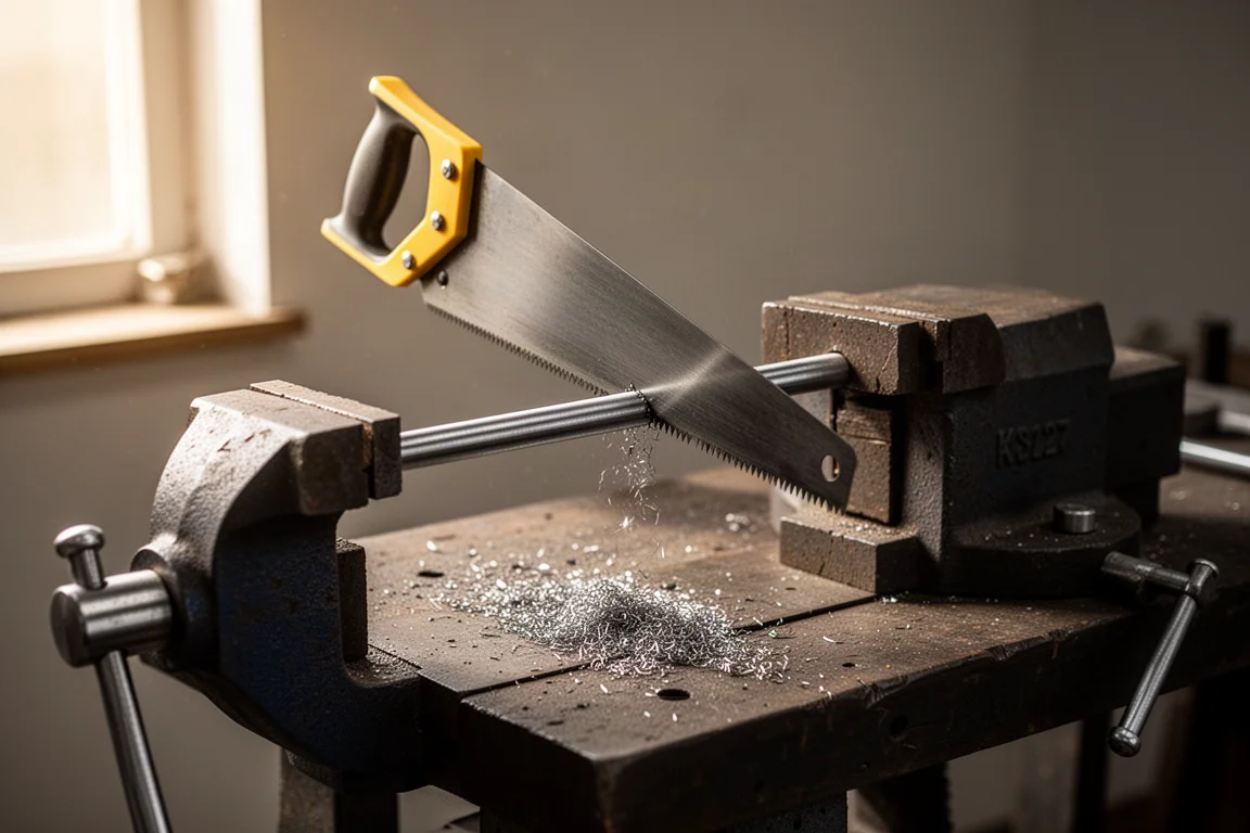 Metalworking scene with a hacksaw cutting a metal rod clamped in a vise
