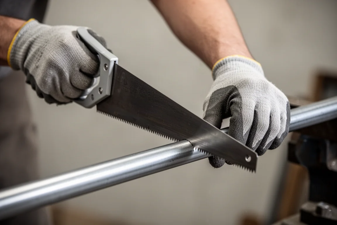 Two-handed grip on a hacksaw cutting through metal tubing