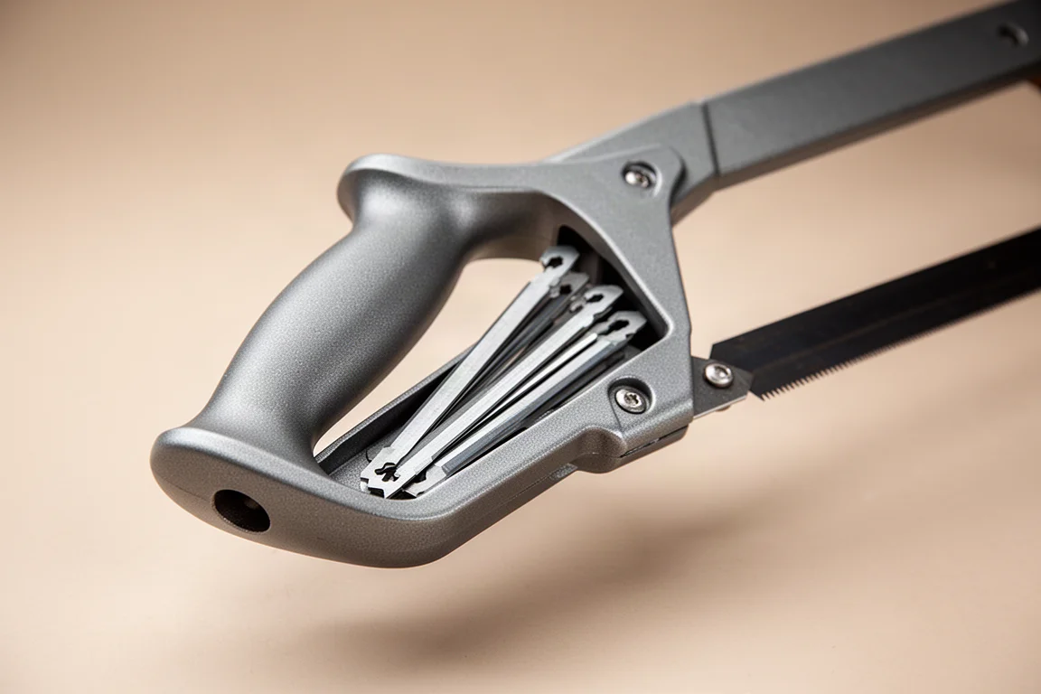 Front end of a heavy-duty hacksaw with blade storage in the frame