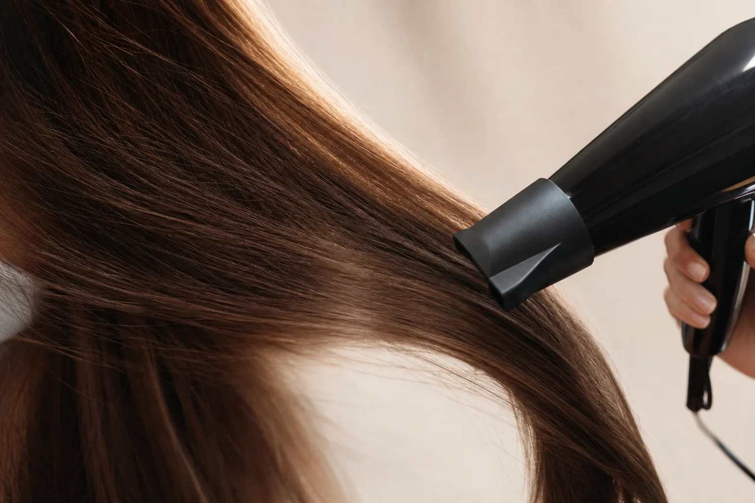 Primer plano de cabello secándose mostrando resultados suaves y brillantes