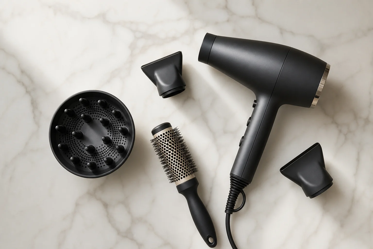 Herramientas de peluquería profesional dispuestas sobre una superficie de mármol