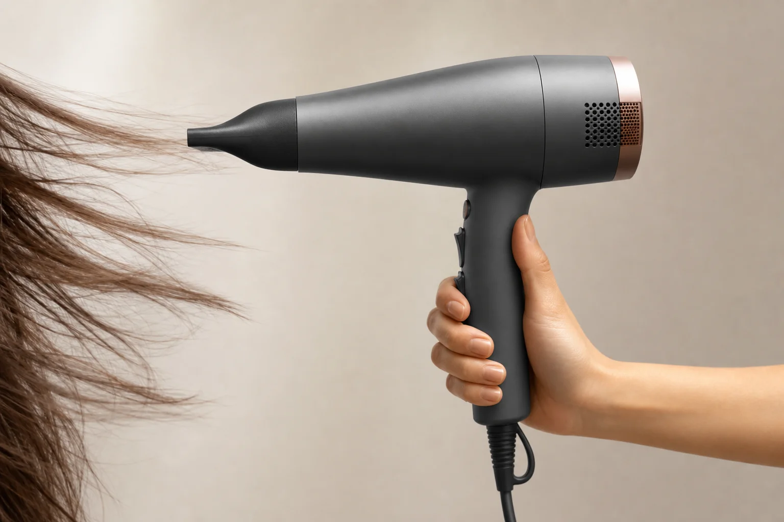 Secador de pelo profesional siendo sostenido durante el peinado