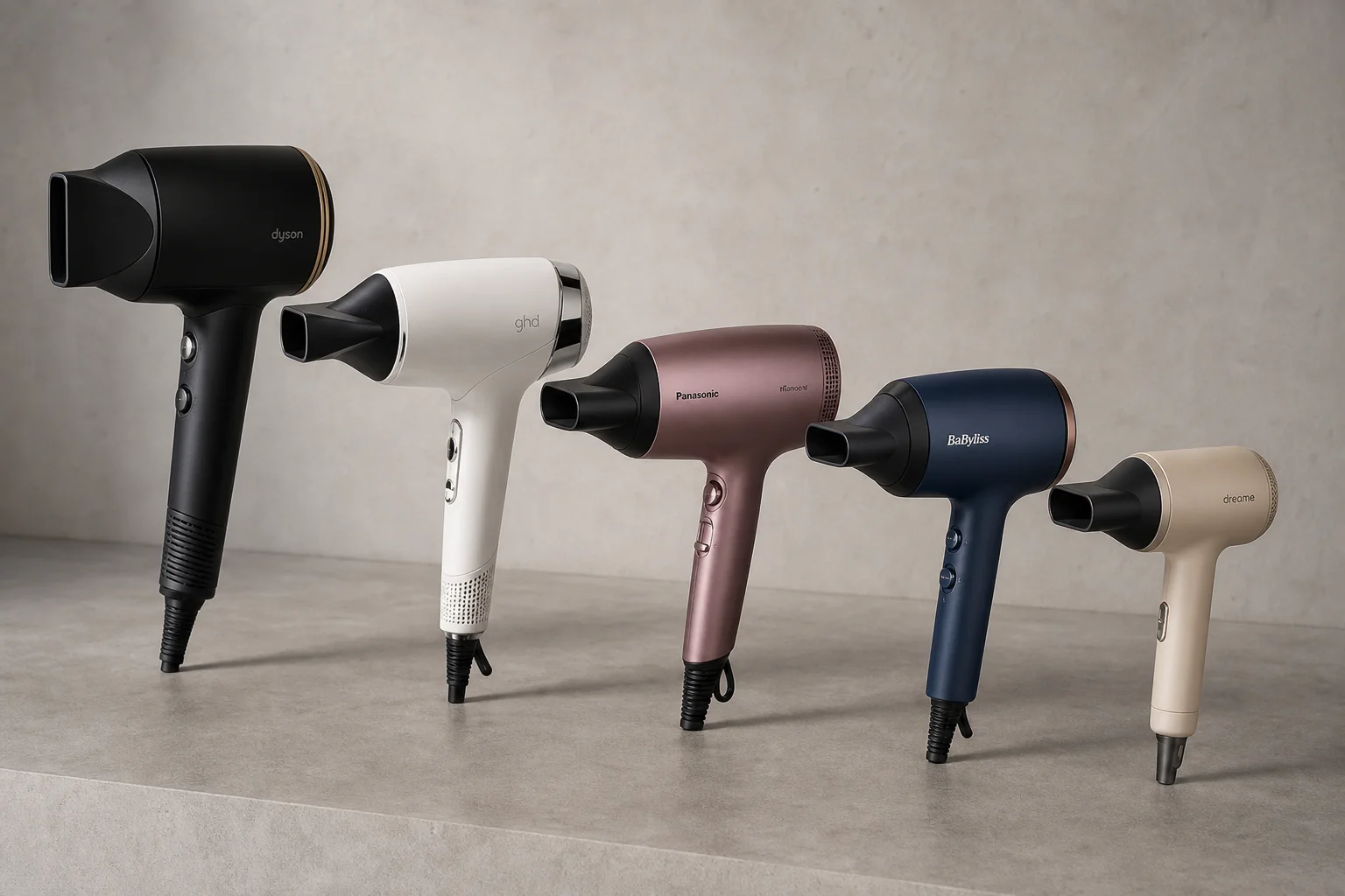 Five professional hair dryers arranged on concrete surface