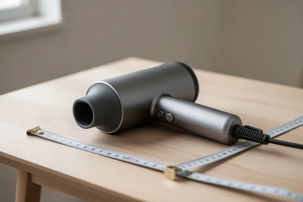 Secador de cabelo compacto e moderno, com cano curto, segurado a distância do braço para teste de ergonomia