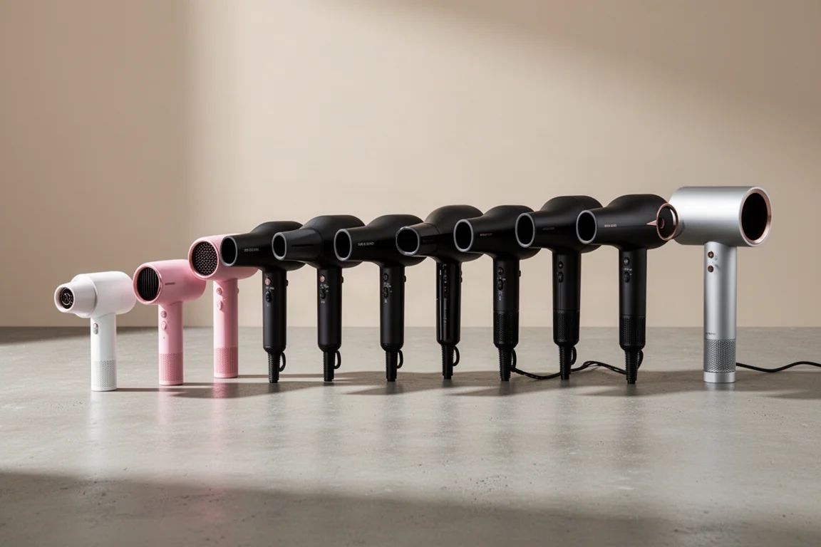Row of eleven hair dryers arranged on a concrete surface from budget to premium models
