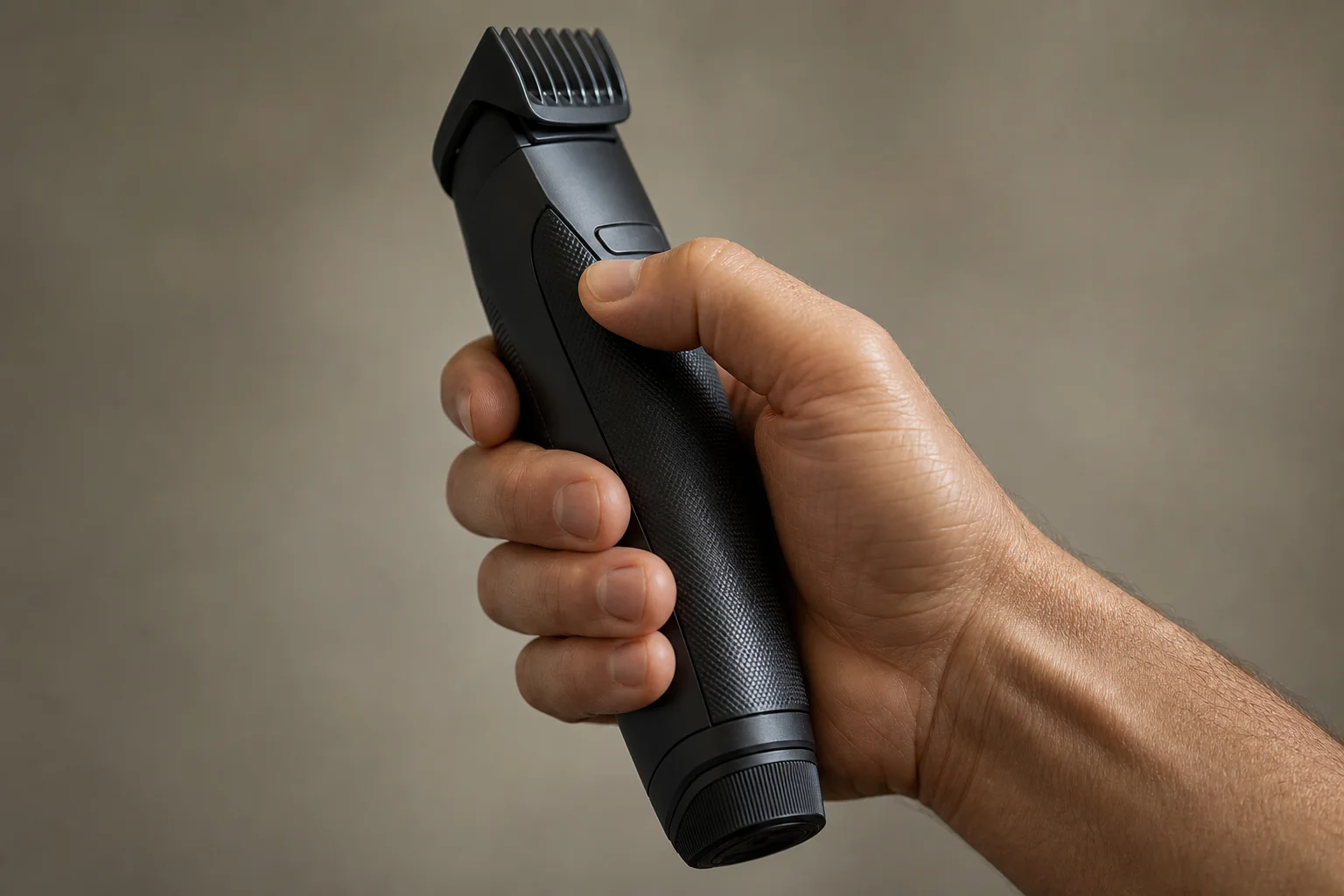 La mano di un uomo che impugna un regolabarba con presa ergonomica, dimostrando controllo e comfort