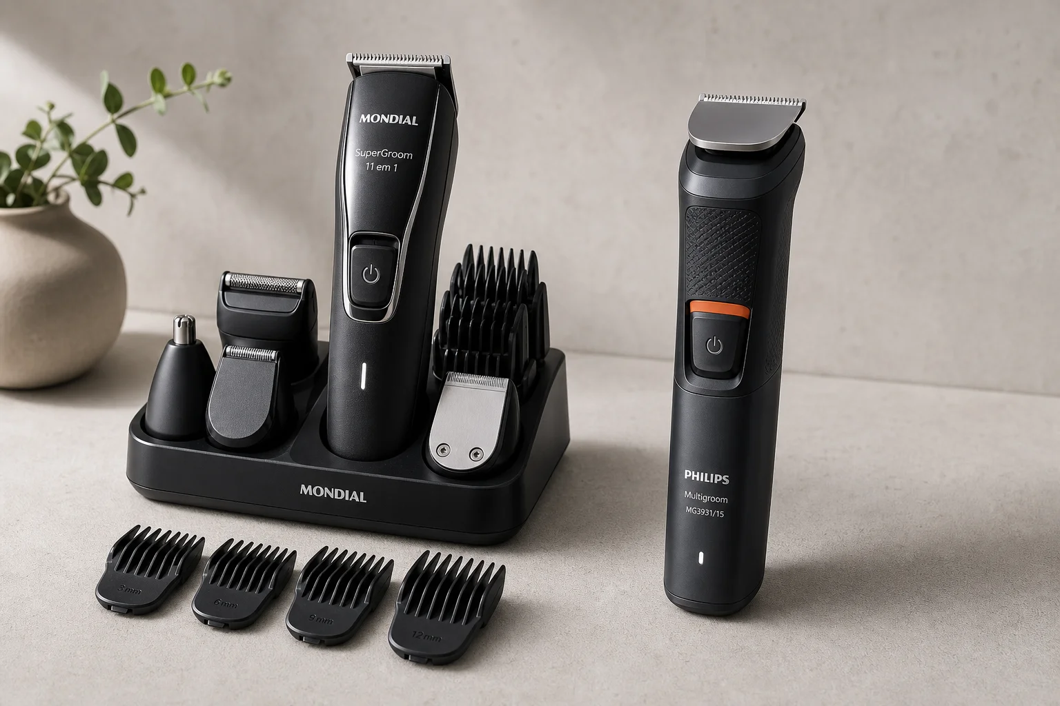 Mondial Super Groom 11 em 1 and Philips Multigroom MG3931/15 trimmers displayed side by side