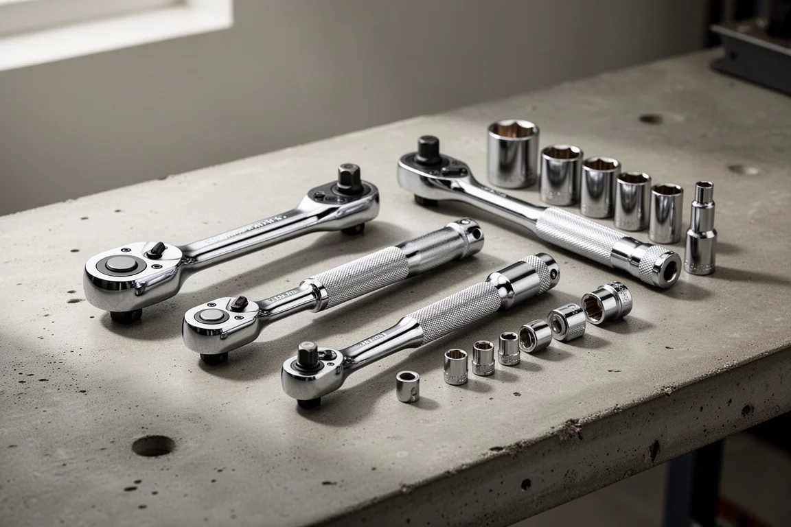 Verzameling 1/2-inch ratels op een betonnen werkbank gelegd