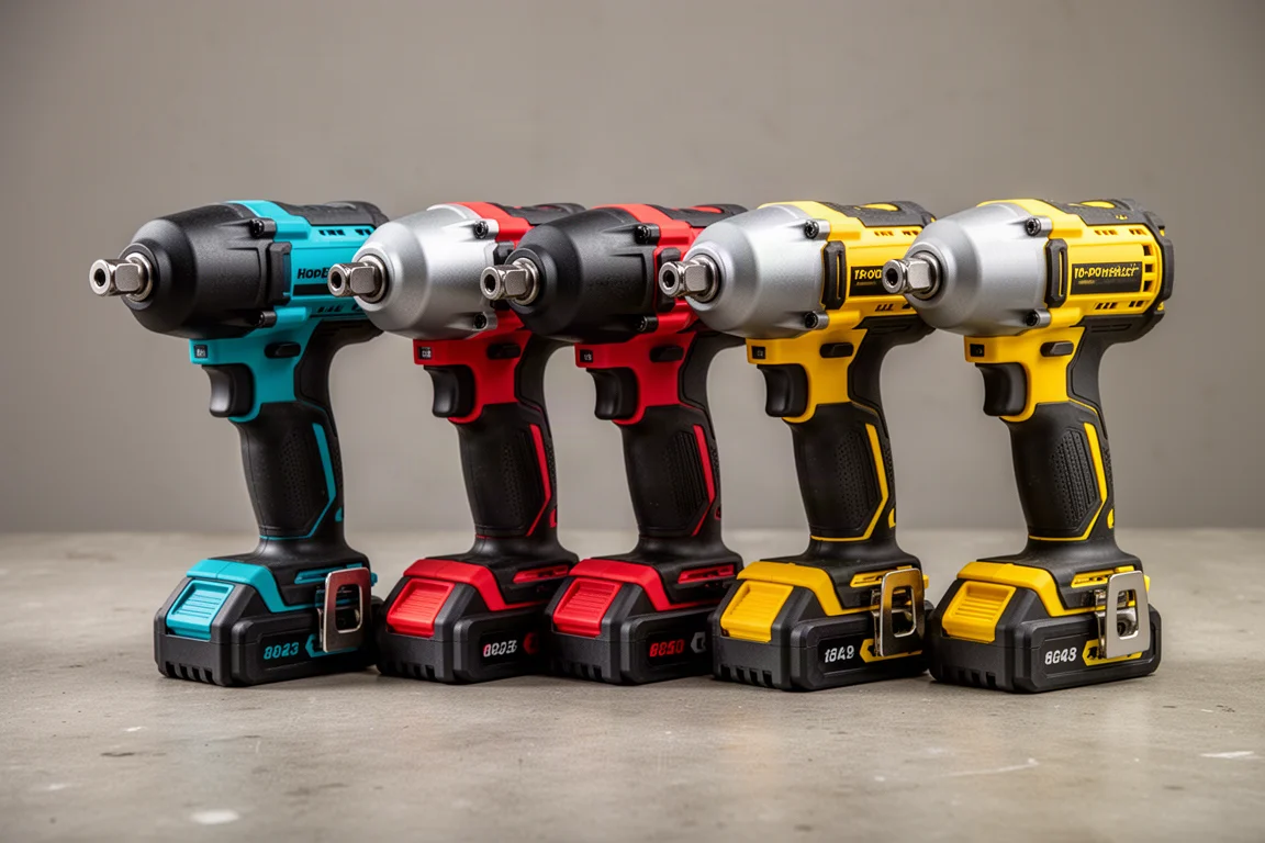 Four cordless half-inch high-torque impact wrenches lined up on a concrete workshop surface