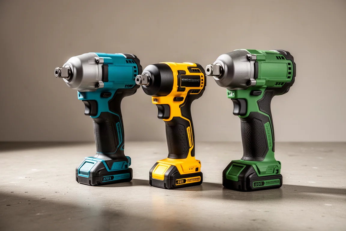 Three cordless half-inch impact wrenches from different brands on a concrete surface