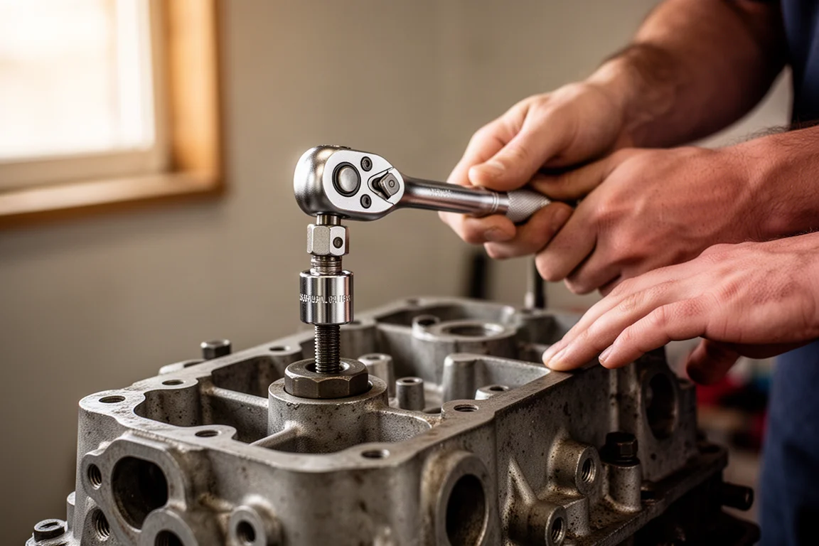 Half-inch ratchet breaking loose a stubborn bolt on an engine block