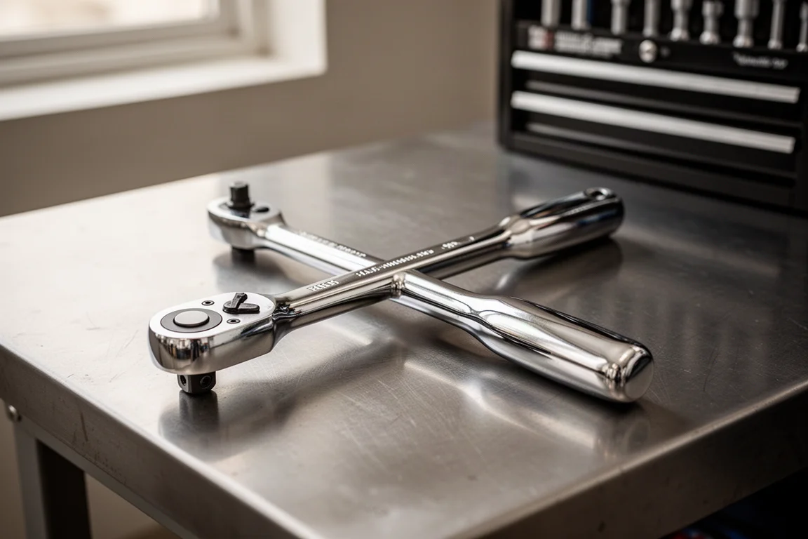 Polished chrome premium ratchet resting on a clean workbench