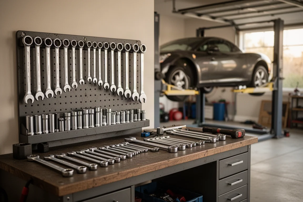 Mechanic working on a car with sockets and ratchets laid out nearby