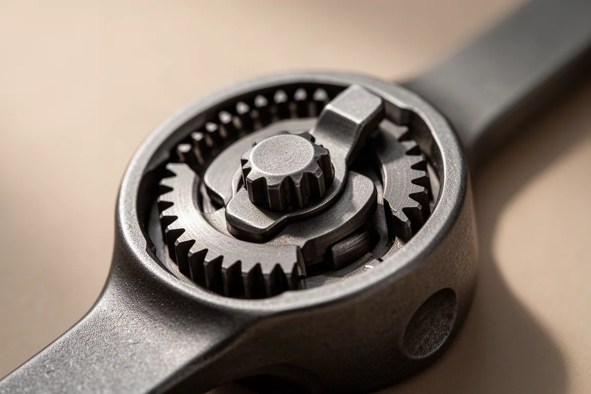 Close-up of a ratchet gear mechanism showing fine teeth
