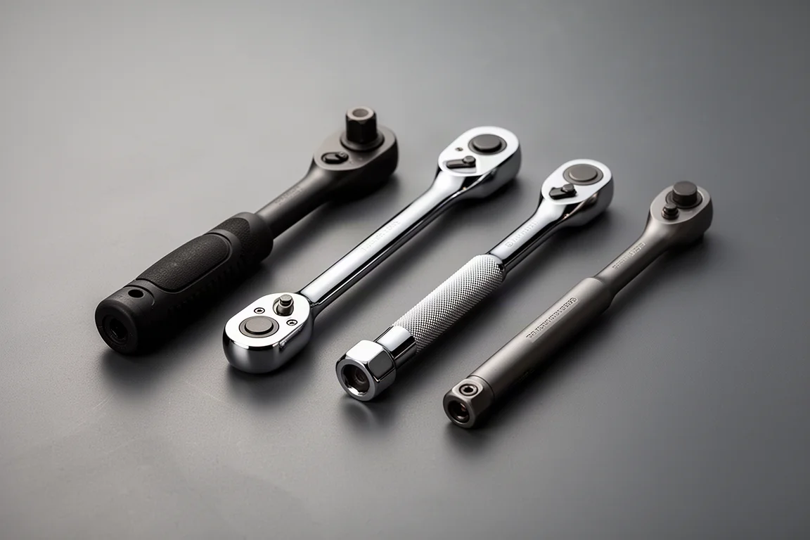 Four half-inch ratchets of different sizes laid out on a workbench
