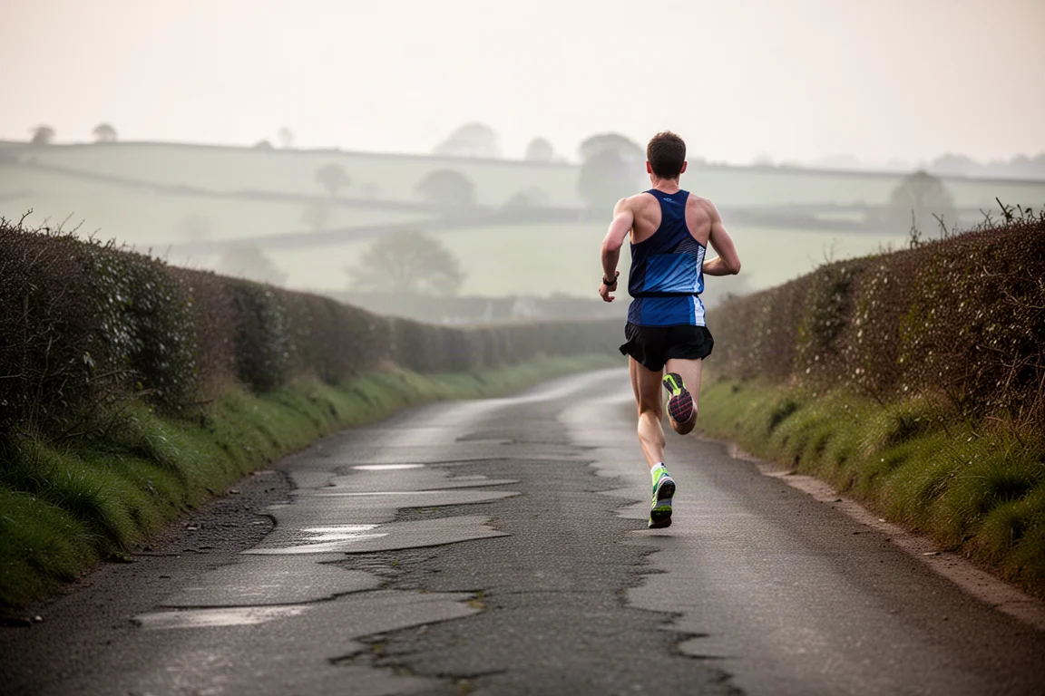Un corridore si scalda su strade di campagna tranquille prima di una mezza maratona locale