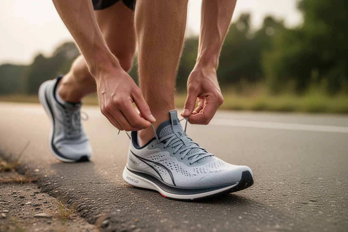 Un corridore aggiusta i lacci di una scarpa da gara a profilo basso al bordo della strada