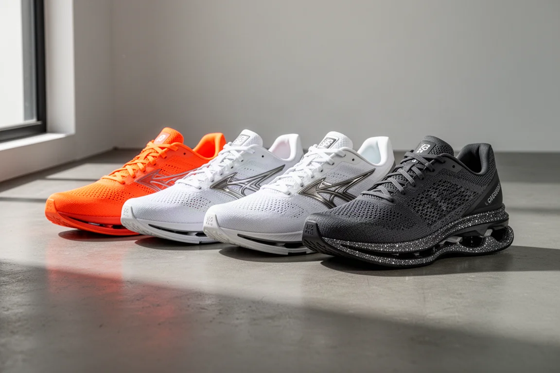 Six carbon-plated racing shoes arranged in a row on a concrete floor