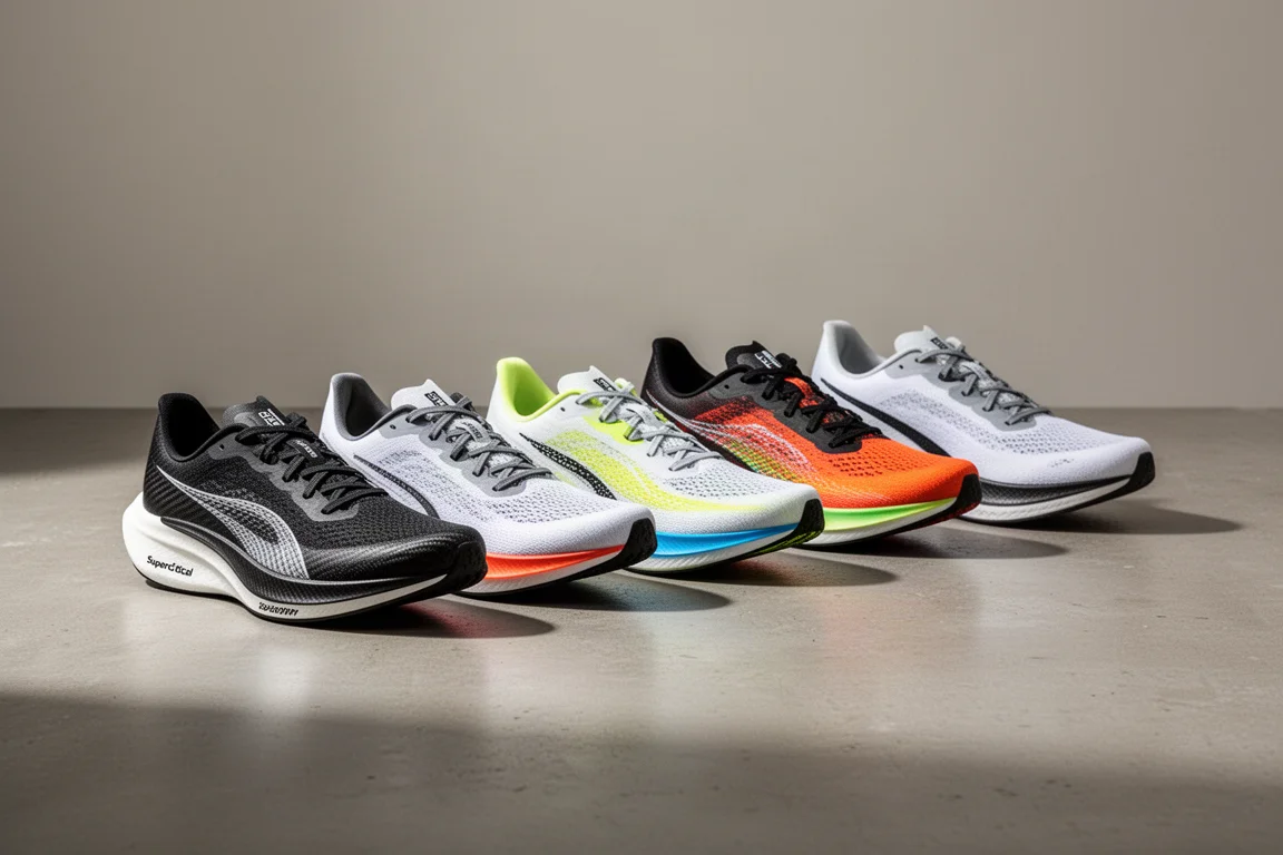 Six modern carbon-plated racing shoes lined up on a concrete studio surface