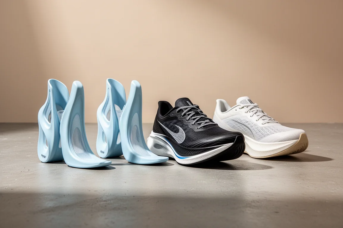 Four carbon-plated racing shoes lined up on a concrete surface