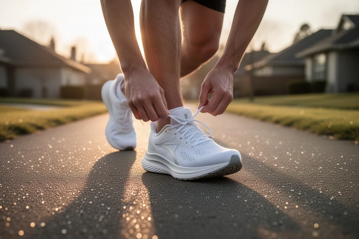 Läufer schnürt vor einem morgendlichen Straßenlauf einen gedämpften Laufschuh