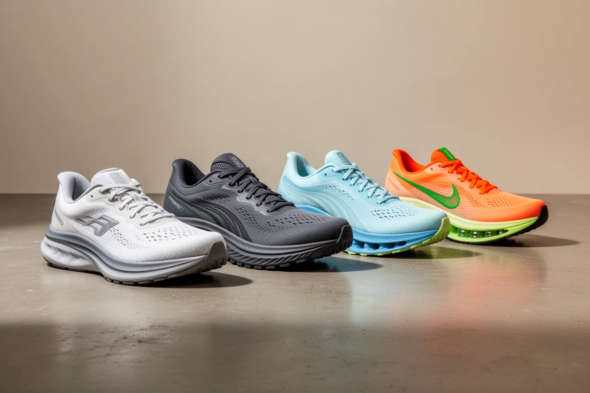 Five different running shoes arranged in a row on a concrete studio floor