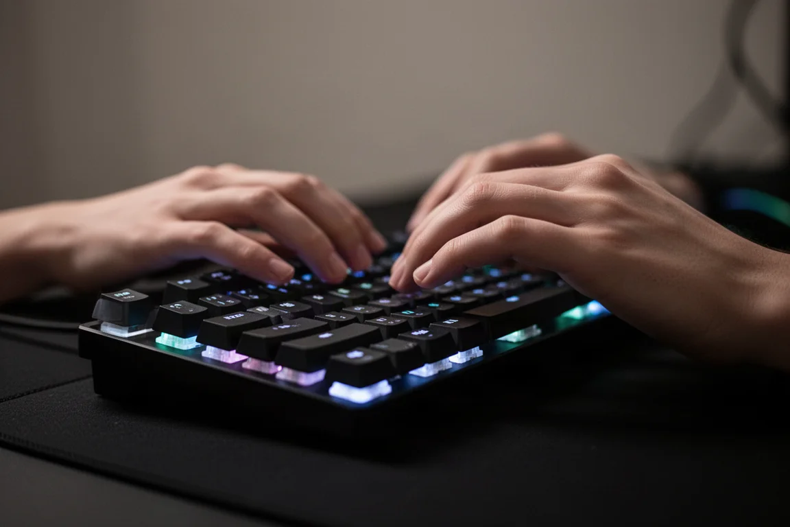 Primo piano di mani che digitano su una tastiera a effetto hall con retroilluminazione RGB