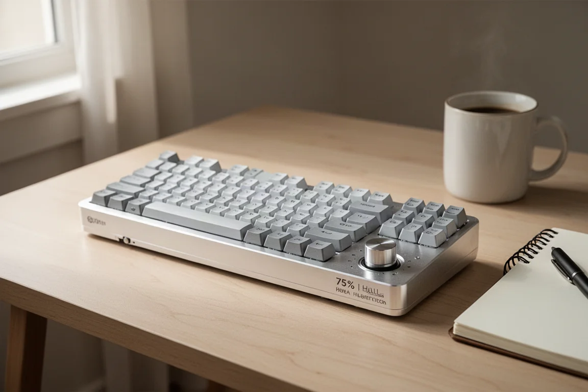 Tastiera Keychron Q1 HE su una scrivania di legno con una tazza di caffè nelle vicinanze