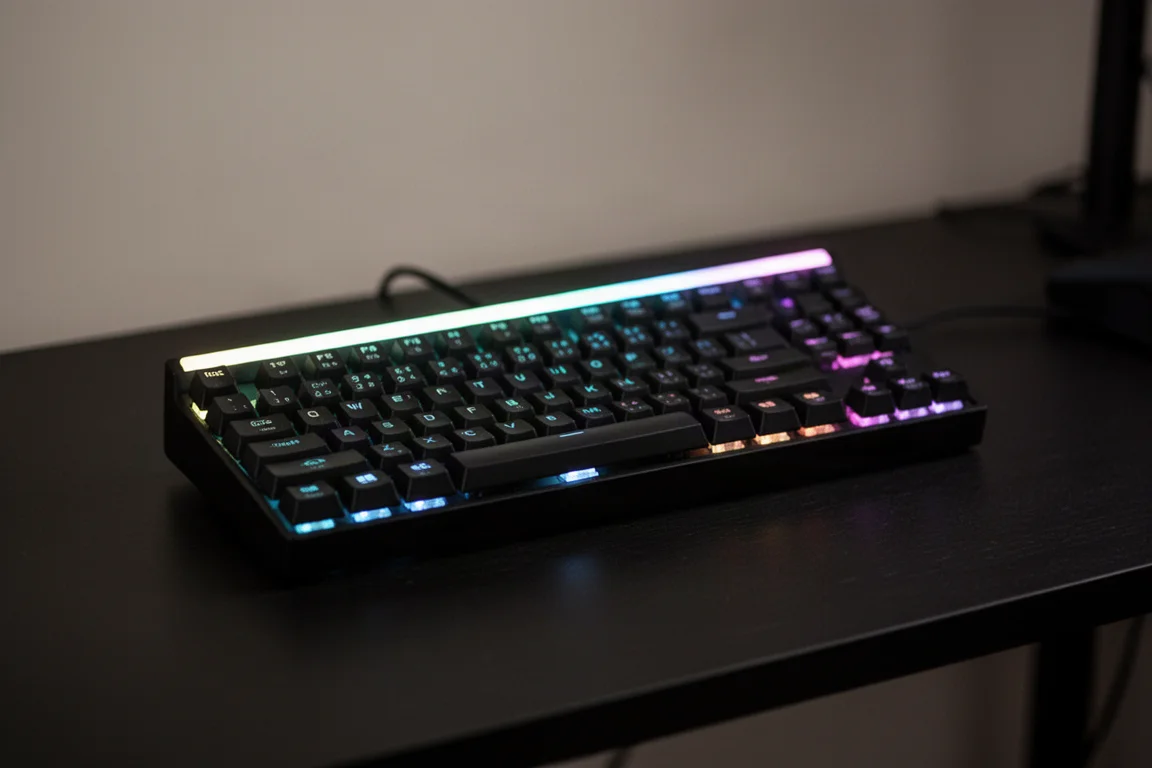 Tastiera ASUS ROG Falchion Ace HFX con la sua barra luminosa accesa su una scrivania scura
