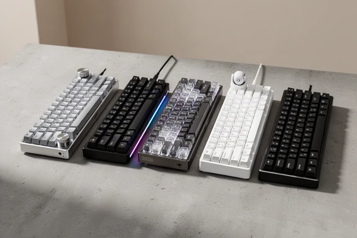 Cinque tastiere gaming a effetto hall di Keychron, ASUS, Luminkey, Logitech e Pulsar disposte su una superficie di cemento
