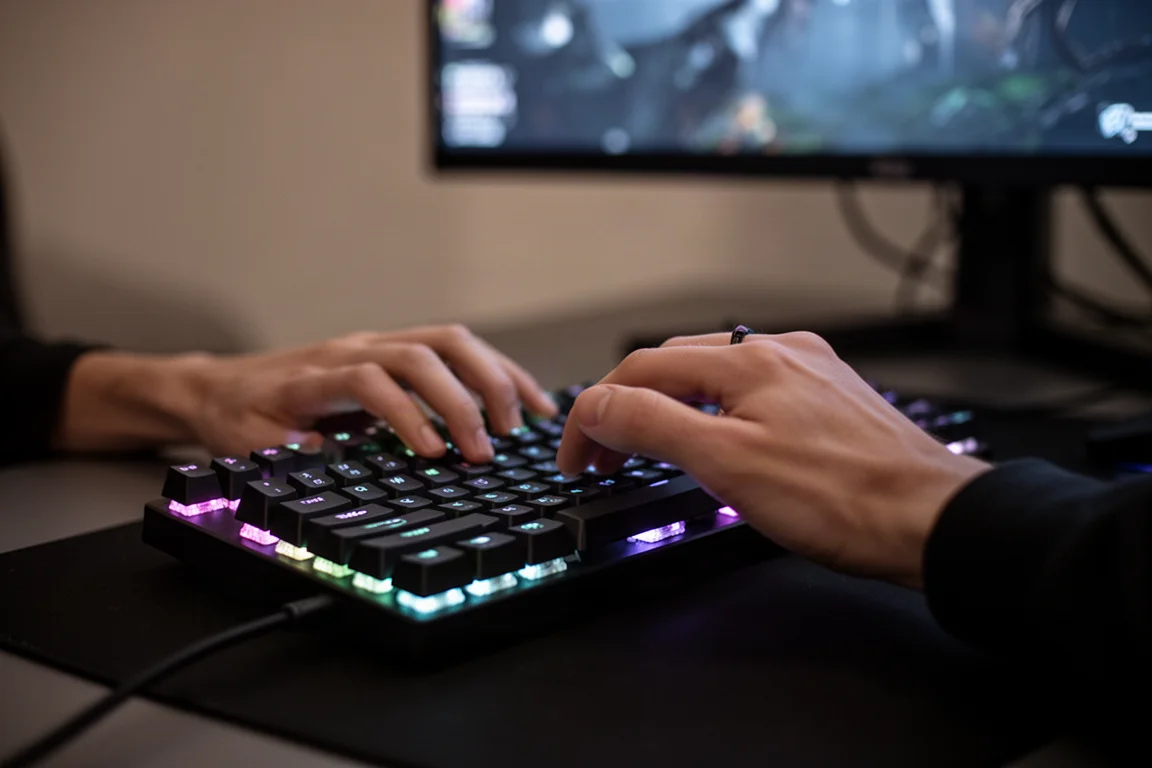 薄暗い部屋でRGBバックライト付きキーボードをタイピングするゲーマーの手