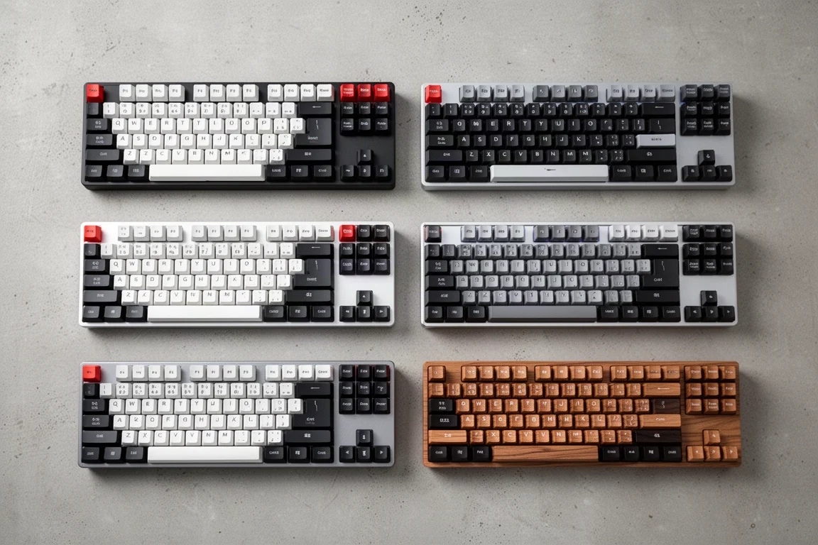 コンクリートの表面に複数のゲーミングキーボードを上から並べたフラットレイ