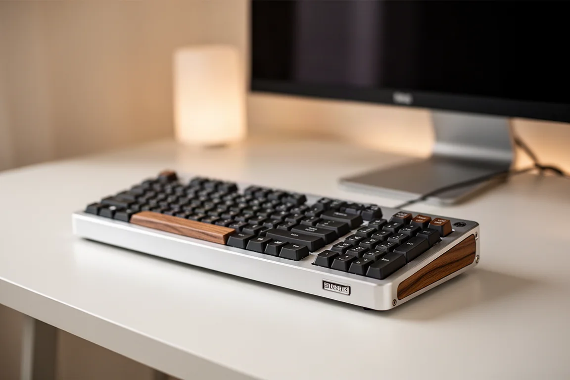 アルミニウムケースと木製アクセントを備えたプレミアムキーボードがデスクに置かれている様子