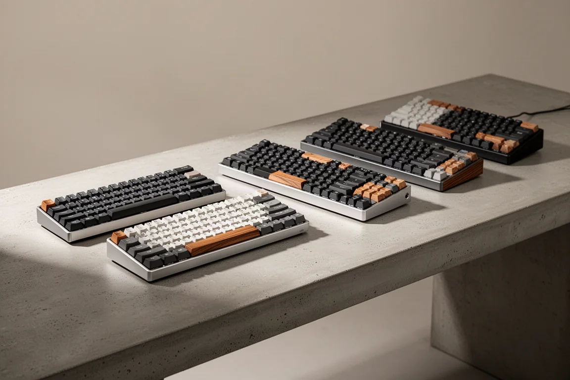 Serie di tastiere da gaming di varie dimensioni e materiali su un tavolo di cemento