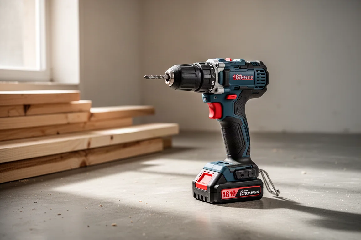 Cordless hammer drill resting on a concrete workshop floor in soft daylight