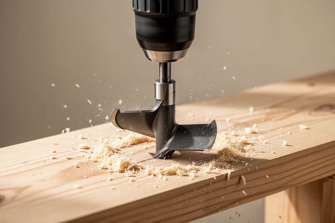 Digital scale weighing a cordless drill on a workshop bench