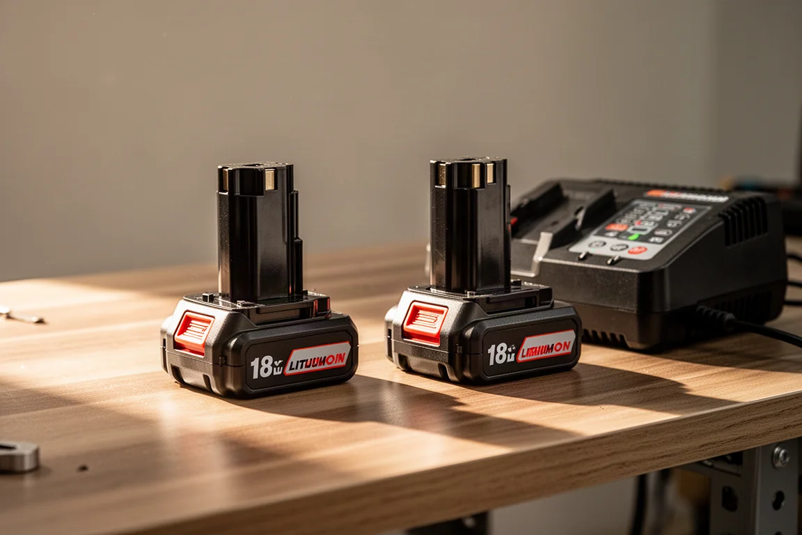 Two drill batteries charging on a workbench in warm evening light