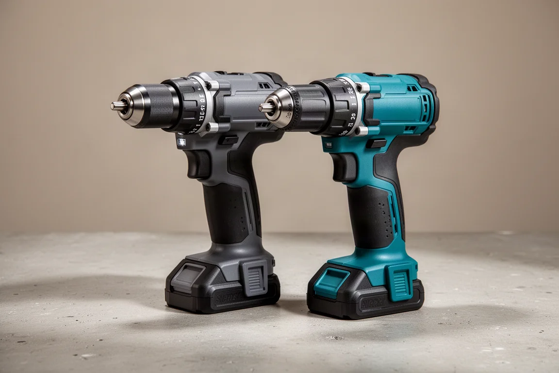 Two cordless hammer drills side by side on a concrete workshop surface