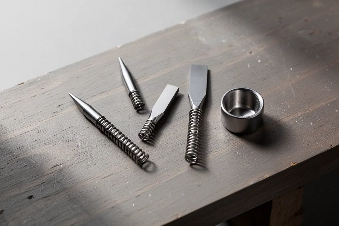 Spring Tools-spetsar upplagda på en arbetsbänk för märk- och slaguppgifter