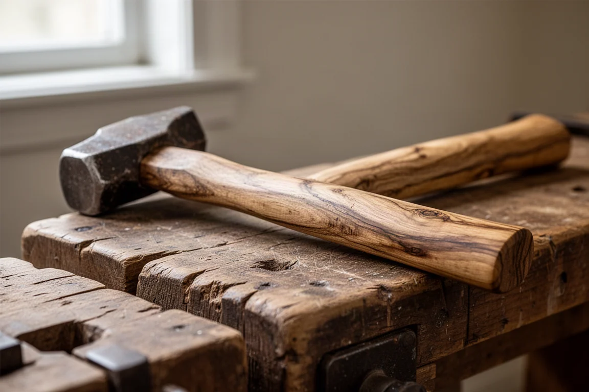 Manico di martello in legno di hickory afferrato da una mano sopra un banco da lavoro