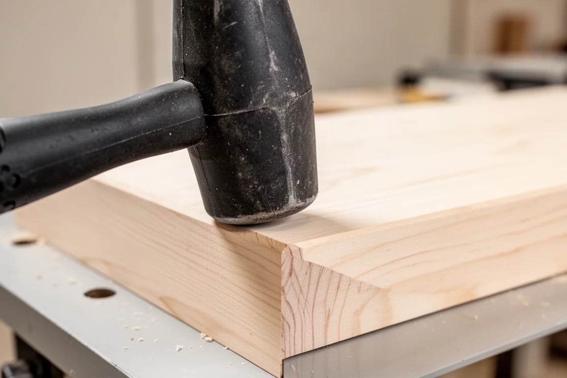 Mallet di gomma premuto contro l'angolo di una tavola di legno tenero senza danneggiarla