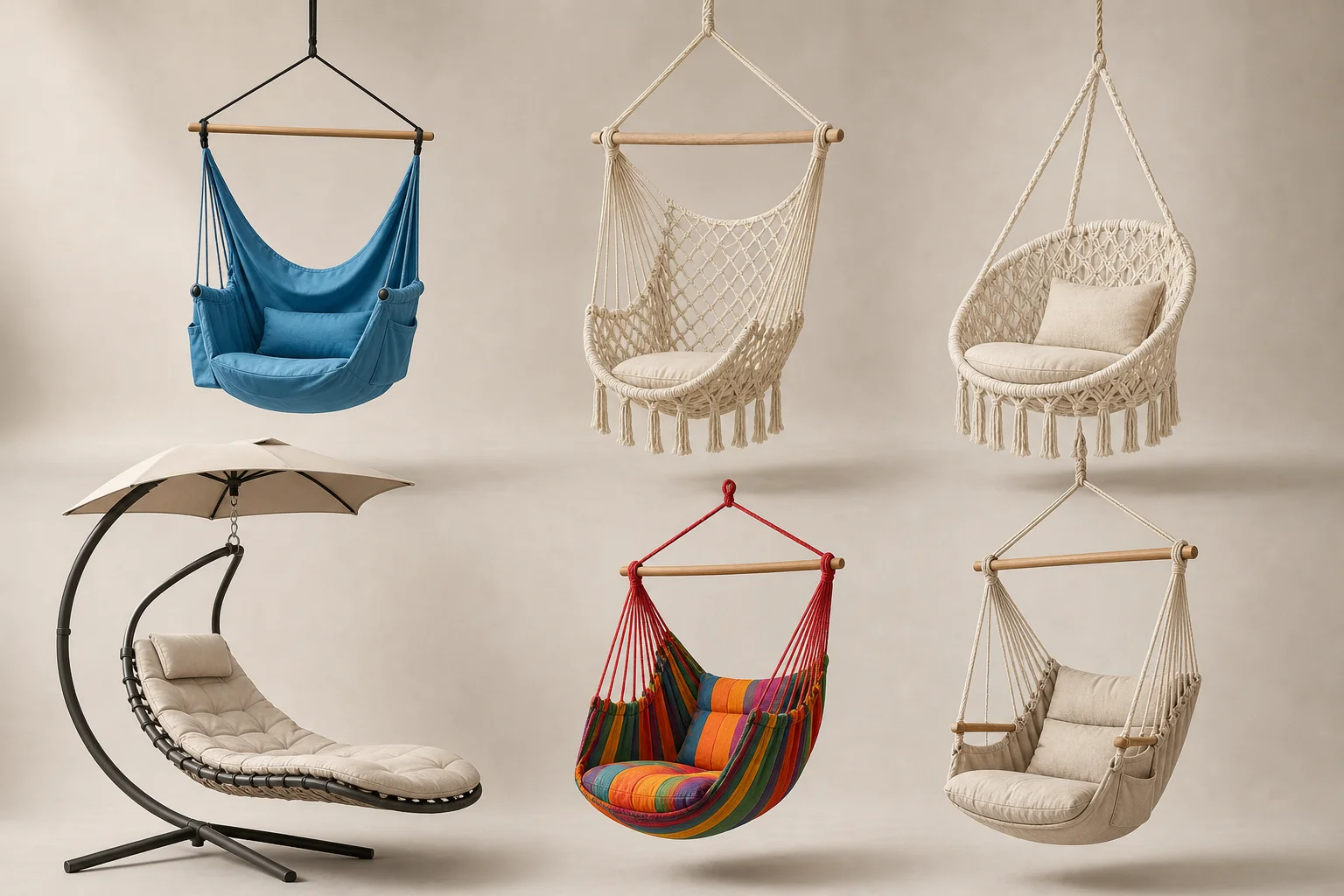 Six different hammock chair styles arranged on neutral backdrop