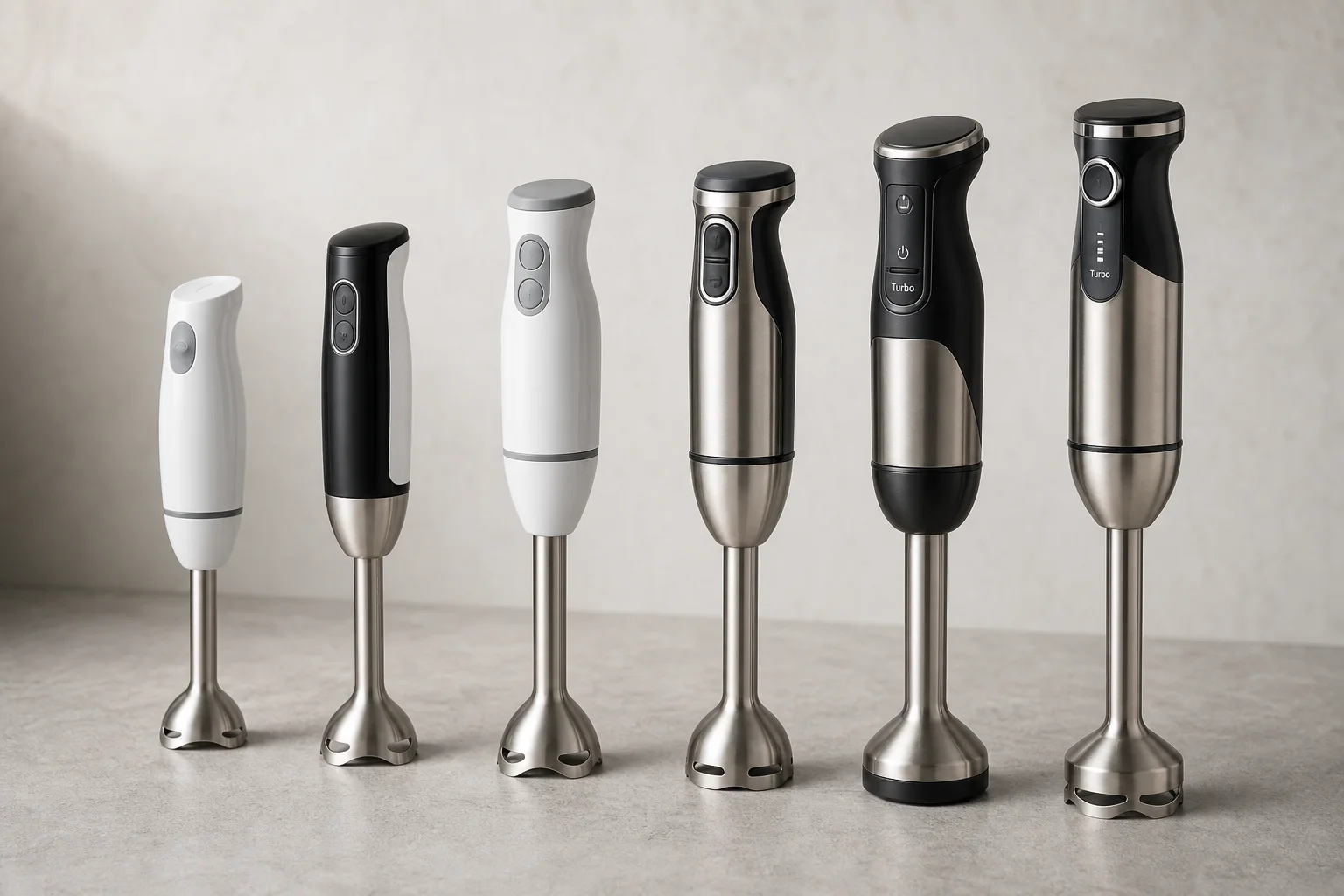 Six hand blenders from budget to premium models arranged in a row on concrete