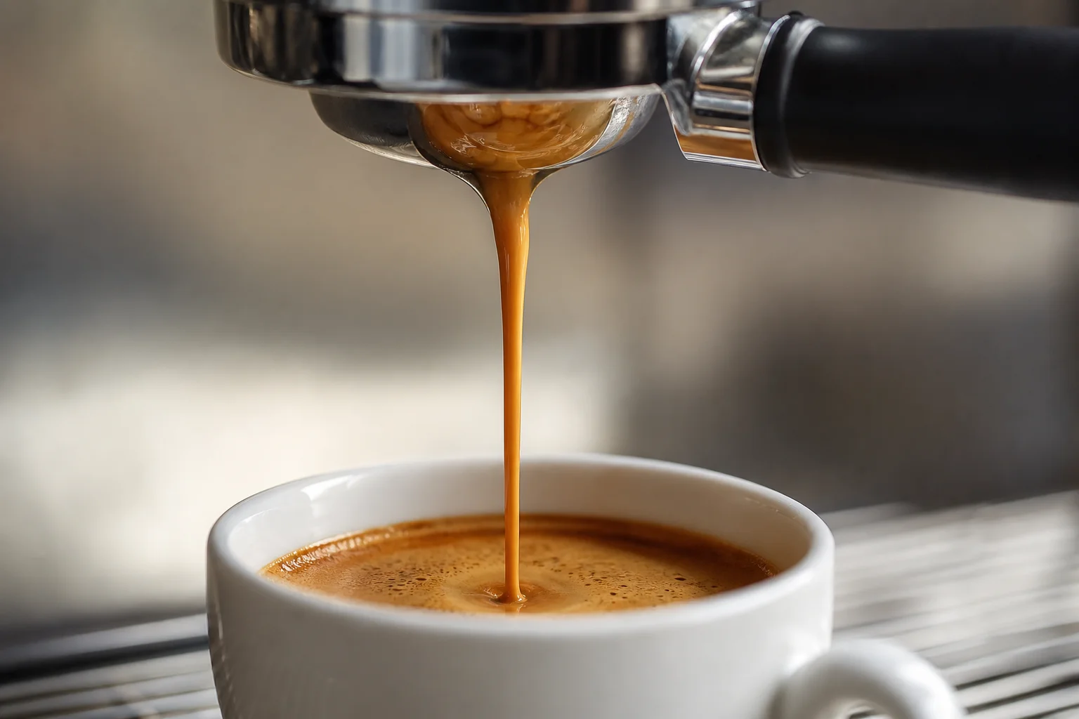 Espresso extraction with golden crema flowing into white cup