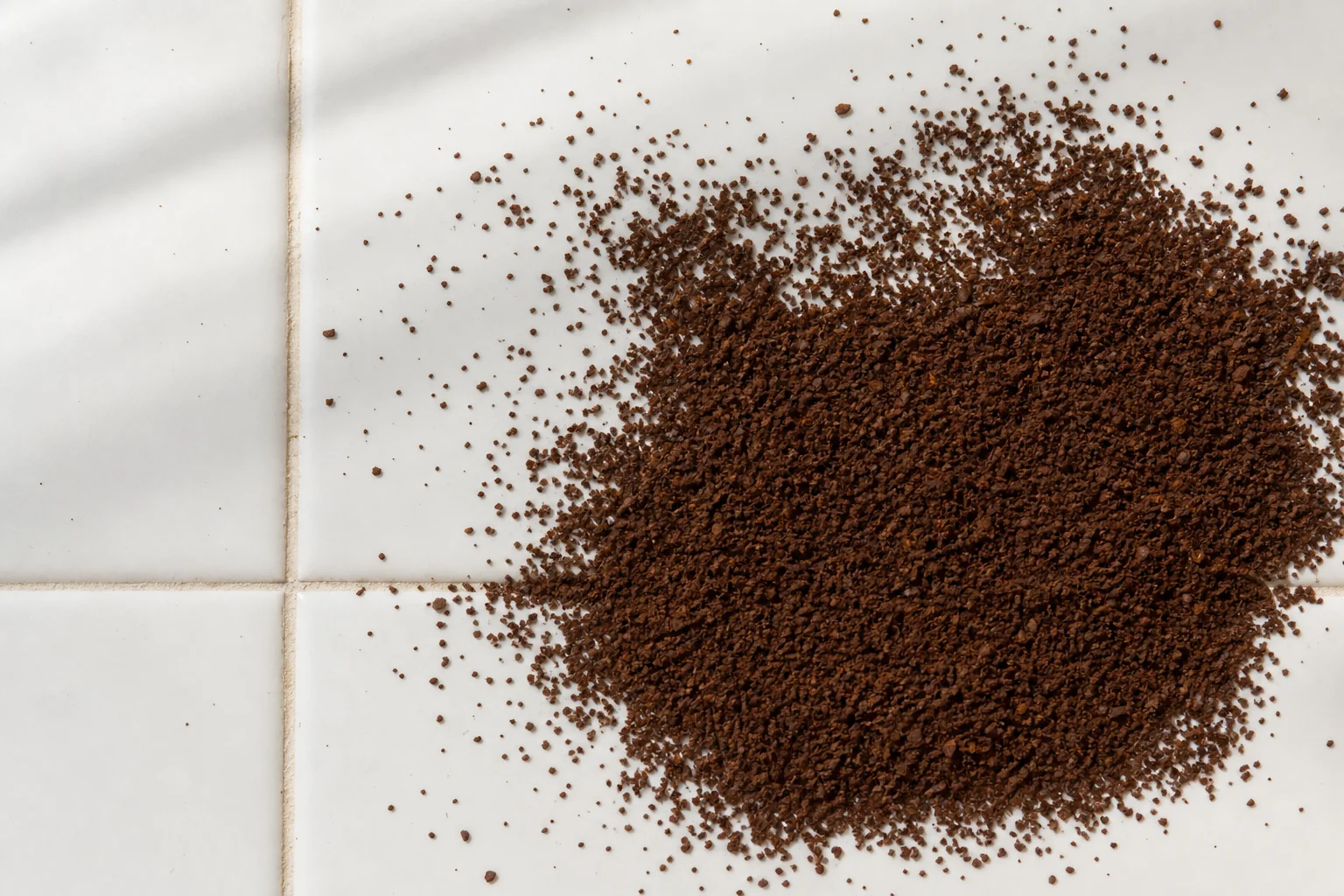 Ground coffee particles on white surface showing distribution