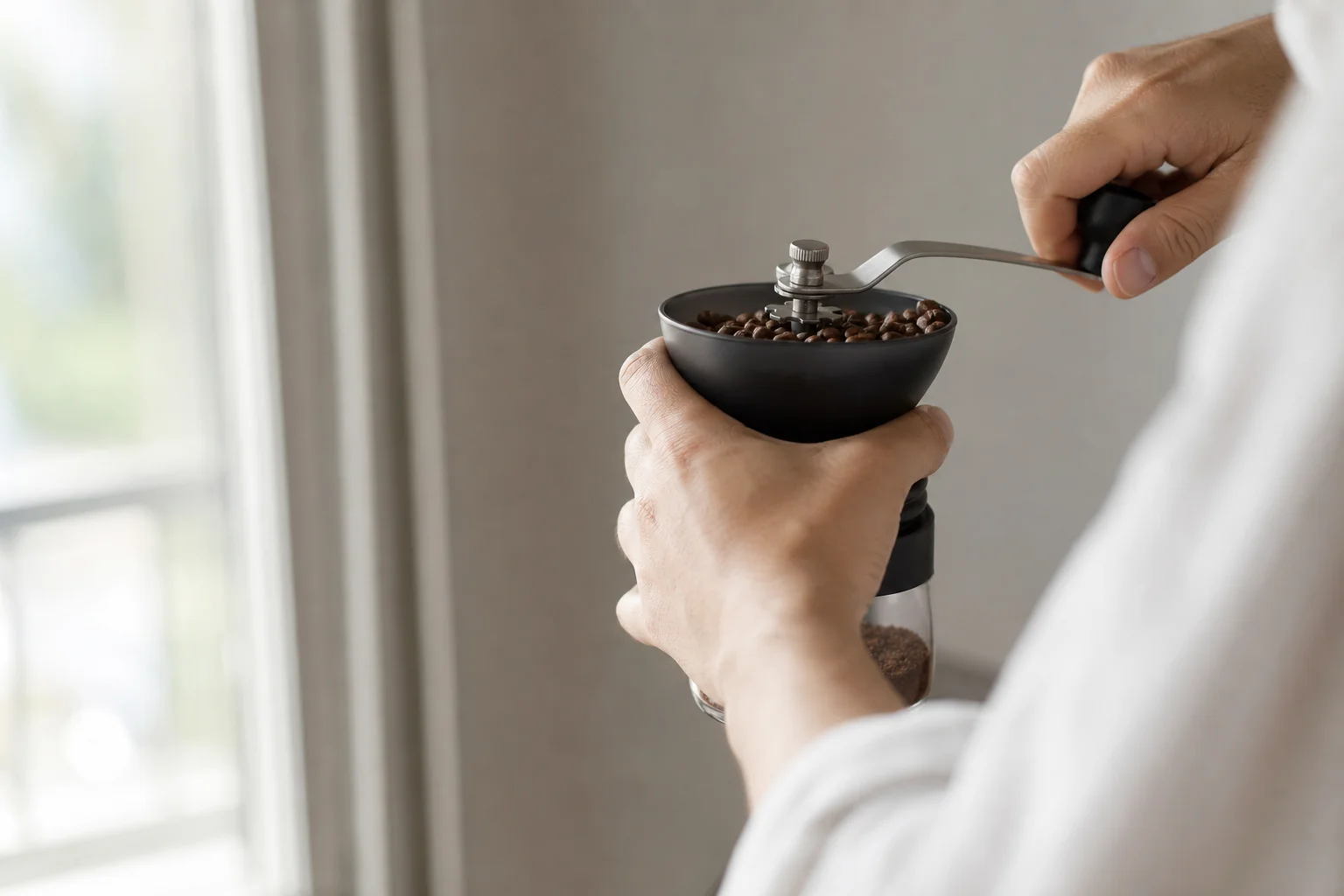 Hands holding hand grinder during grinding motion with coffee beans
