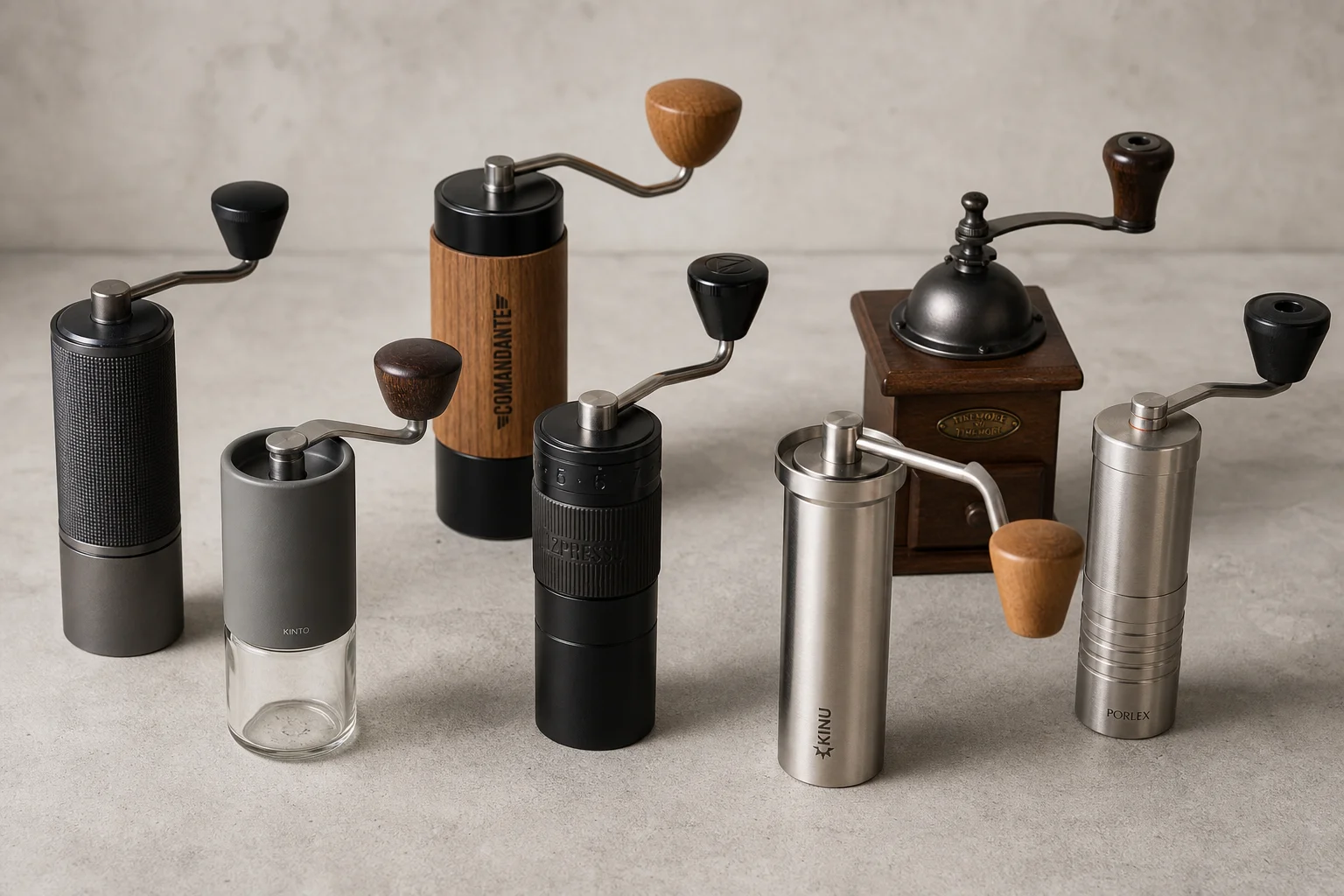 Seven premium hand coffee grinders arranged on concrete surface