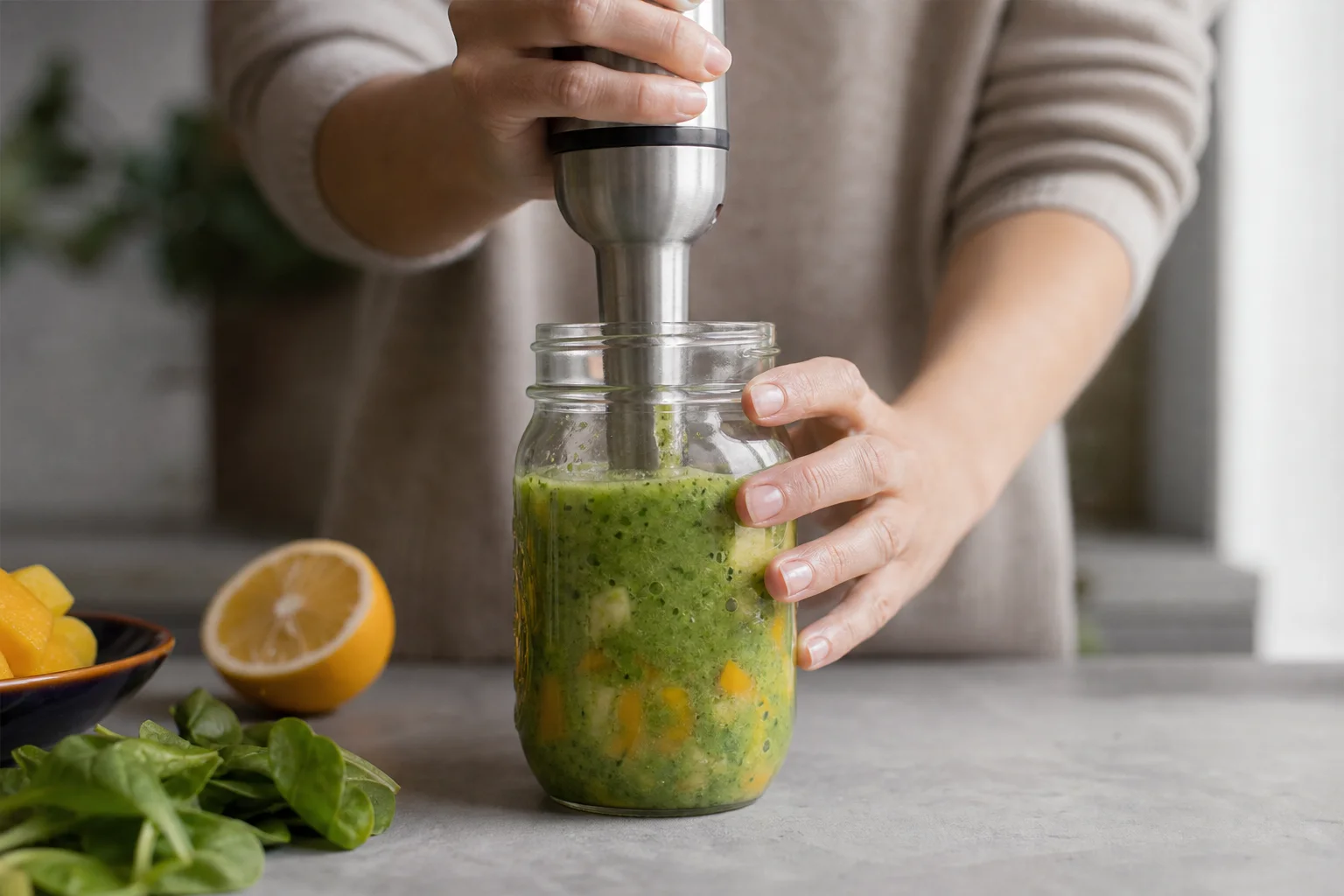 Hands blending a green smoothie in a glass jar with fresh ingredients visible
