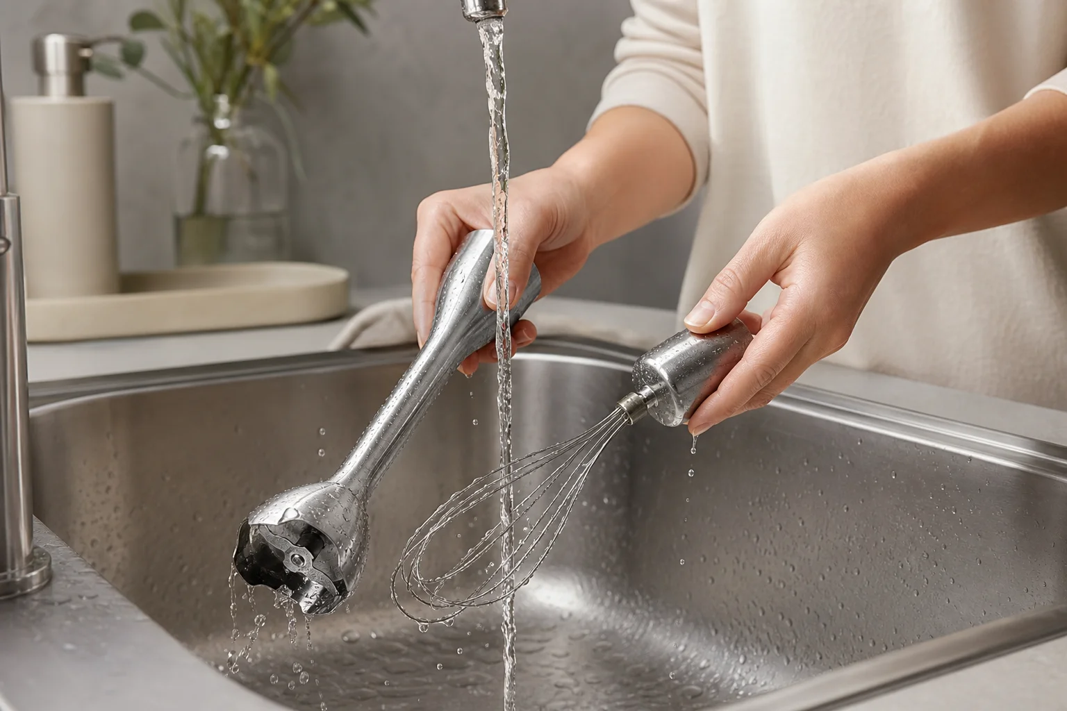 Hand blender shaft being rinsed under running water in a kitchen sink
